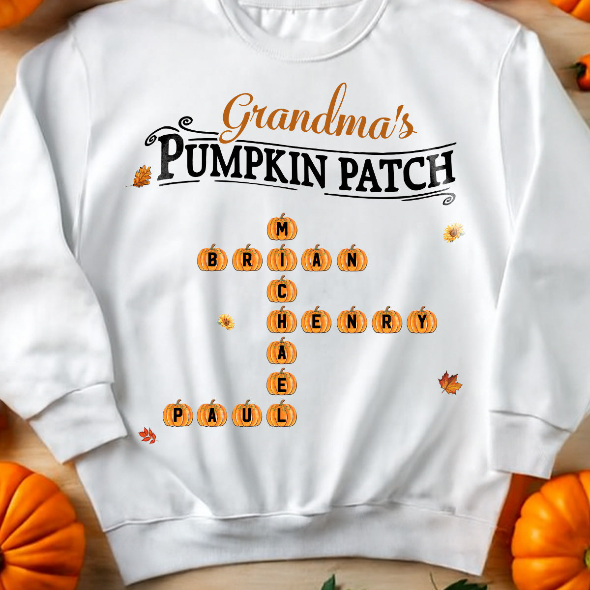 Grandma's Pumpkin Patch Cute Crossword Puzzle Fall Season Personalized Sweatshirt