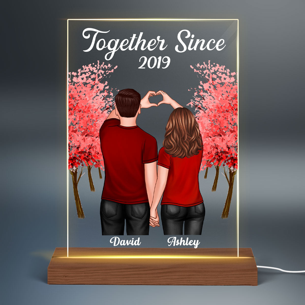 Couple Back View Heart Hands Red Tree Personalized Plaque LED Night Light