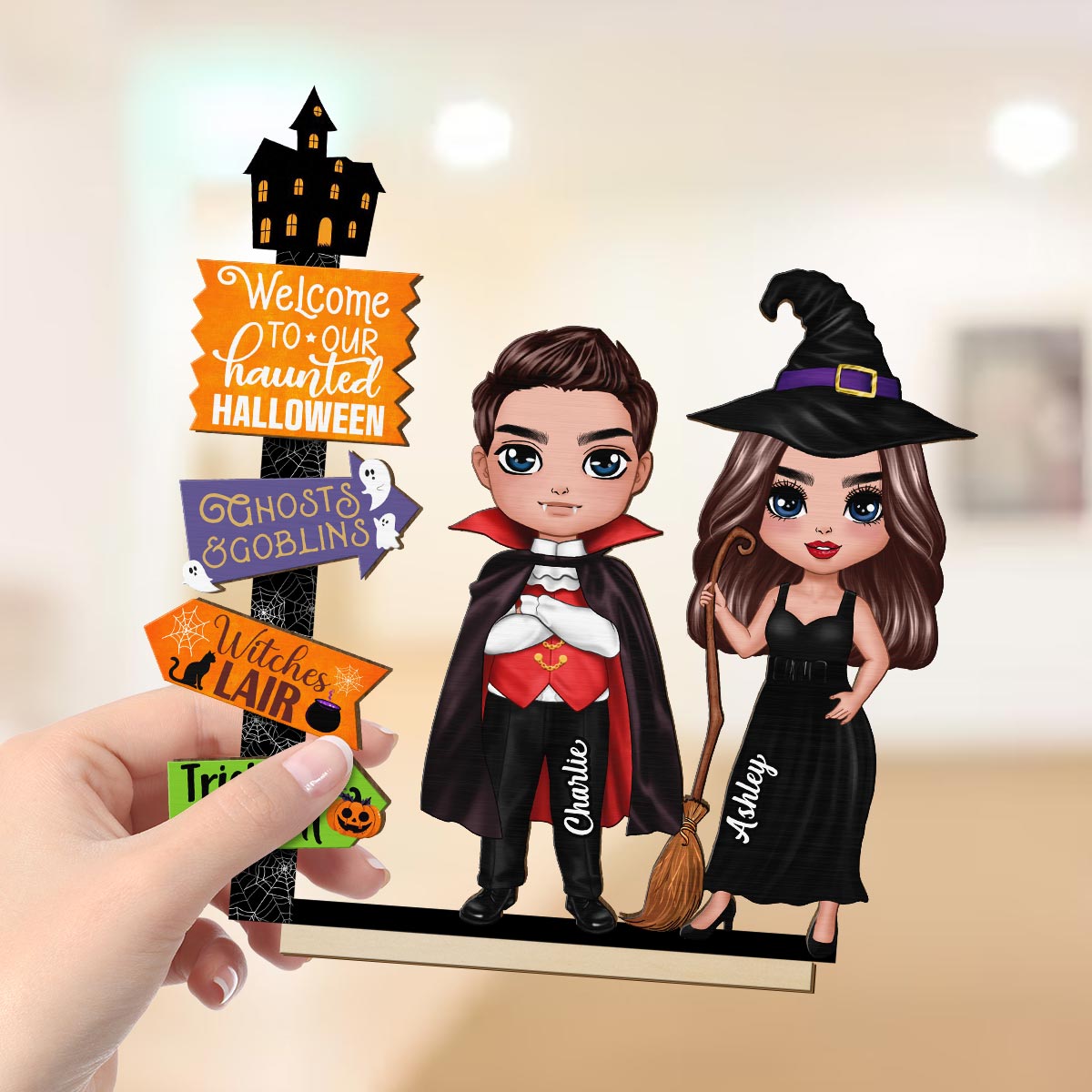 Welcome To Our Haunted House Couple Halloween Tier Tray Decor Personalized 2-Layer Standing Wooden Plaque