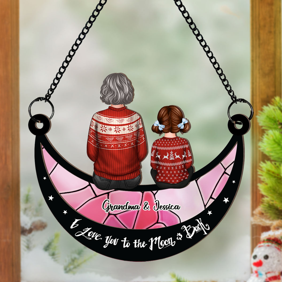Grandma Grandkid On Moon Personalized Window Hanging Suncatcher Ornament, Gift for Mom, for Grandma
