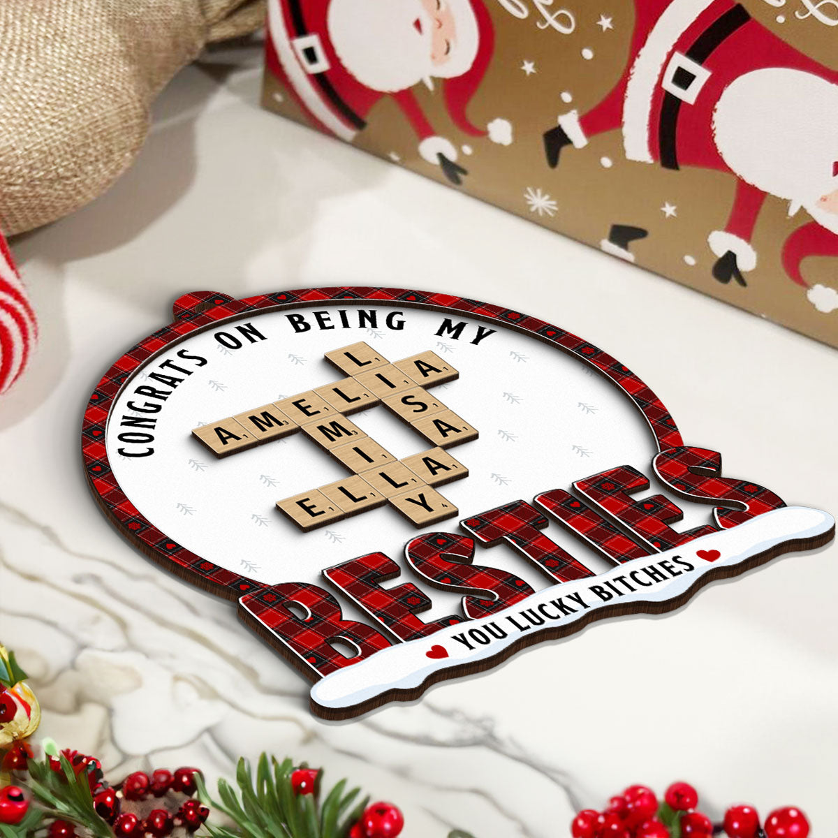 Congrats On Being My Besties Sisters Crossword Puzzle Art Personalized 2-Layer Wooden Ornament, Unique Christmas Gift For Besties Sisters