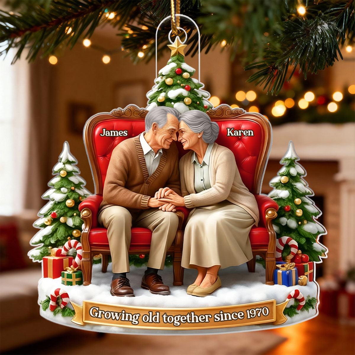 Old Couple Sitting Growing Old Together - Personalized Acrylic Ornament - Christmas Gift for him, Gift for her