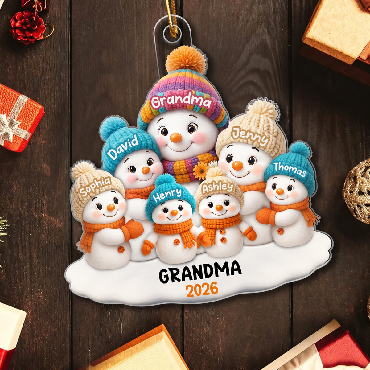 Snowman Grandma and Grandkids Personalized Acrylic Ornament, Christmas Gift for Grandma, Grandkids