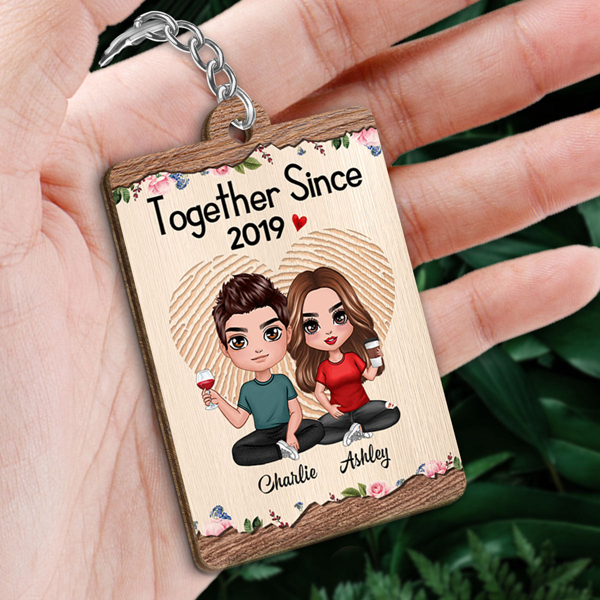 Doll Couple Sitting Favorite Song Scannable QR Code Floral Personalized Wooden Keychain