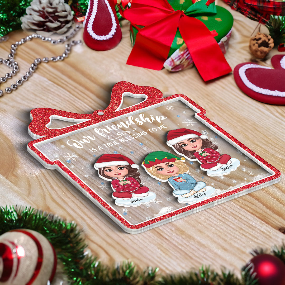 Our Friendship Is True Blessing Gift Shaped Personalized Shaker Ornament, Christmas, Christmas Gift For Friends