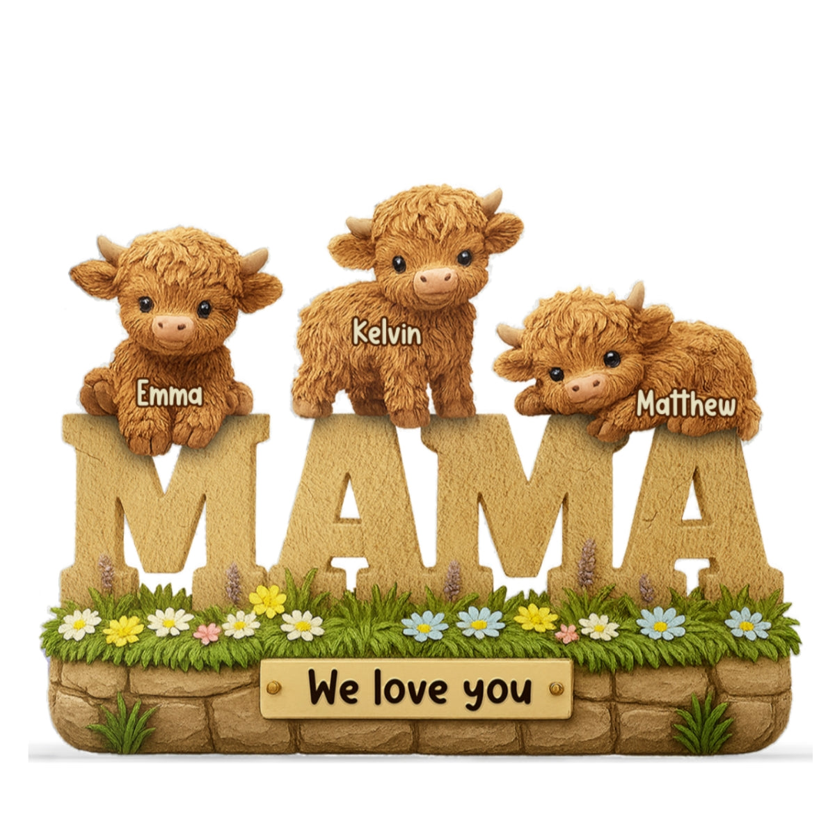 3D Effect Mama Cute Highland Cow Kids Names Personalized Flat Acrylic Block Plaque, Gift For Mom, Grandma