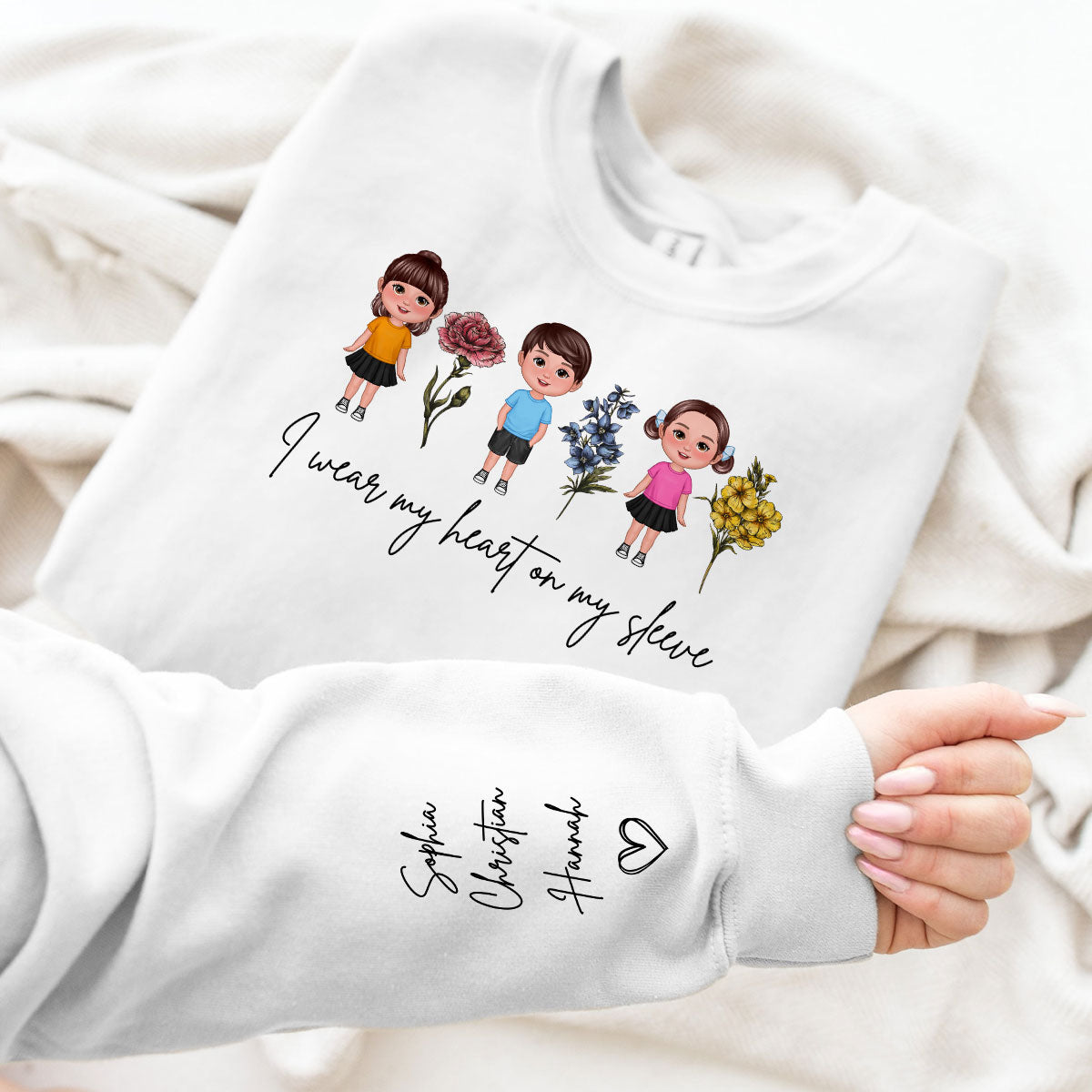 I Wear My Hearts On My Sleeve Birth Month Flower Personalized Sleeve Printed Sweatshirt