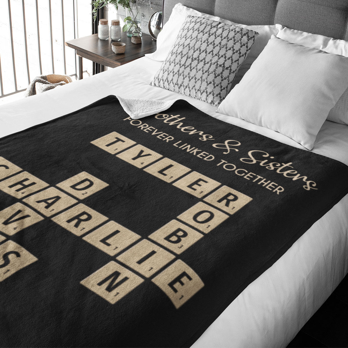 Brothers & Sisters Forever Linked Together Crossword Puzzle Art Personalized Blanket, Gift For Brothers, Sisters, Siblings, Family