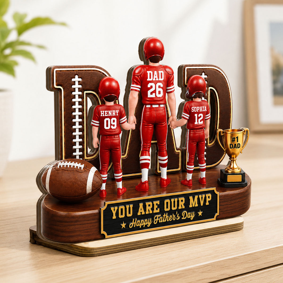 American Football No 1 Dad Legend Daddy's Dream Team - Personalized 2-Layered Wooden Plaque - Father's Day Gift For Dad