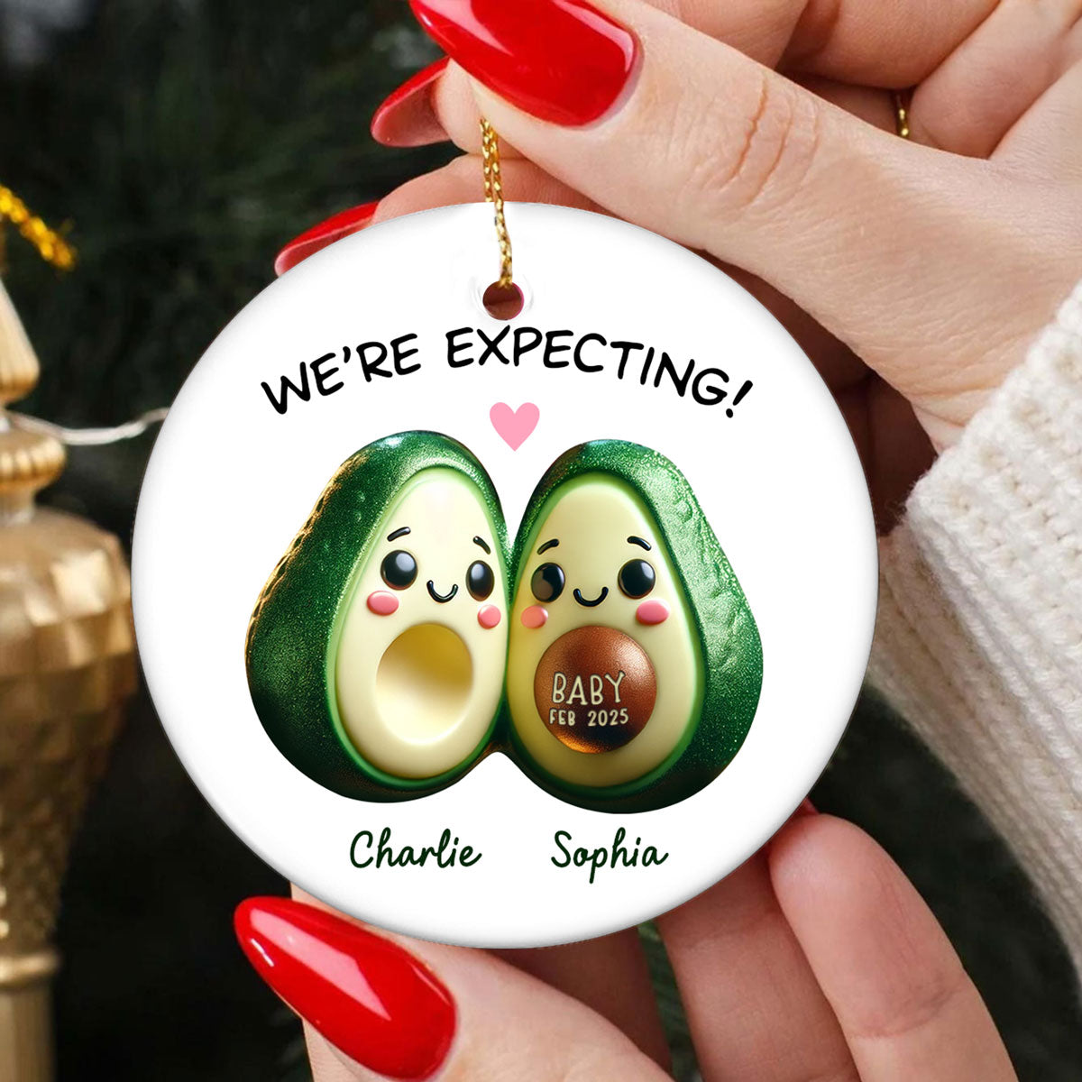 Avocado Couple Expecting Parents Pregnancy Announcement 3D Effect Keepsake Personalized Ceramic Flat Ornament