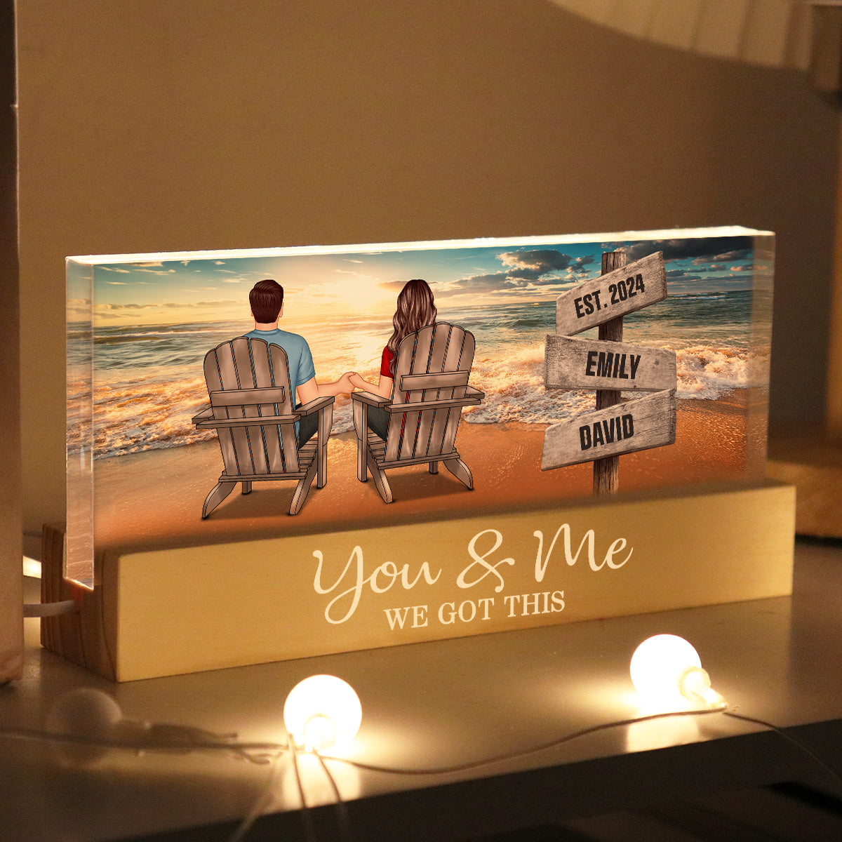 Romantic Beach Landscape Couple Sitting Holding Hands Sign Posts Personalized Acrylic Block LED Night Light, Heartfelt Gift For Couple, For Him, For Her, Boyfriend, Girlfriend, Husband, Wife