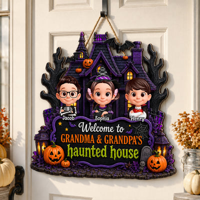 Halloween Vibe Welcome to Grandma Grandpa's House - Personalized Door Hanger Sign - Halloween Decor