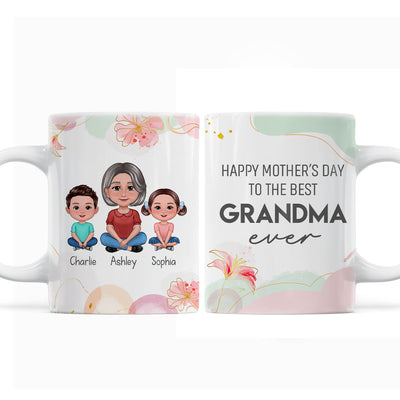 Happy Mother‘s Day Best Grandma Ever Pretty Woman & Kids Watercolor Abstract Personalized Mug