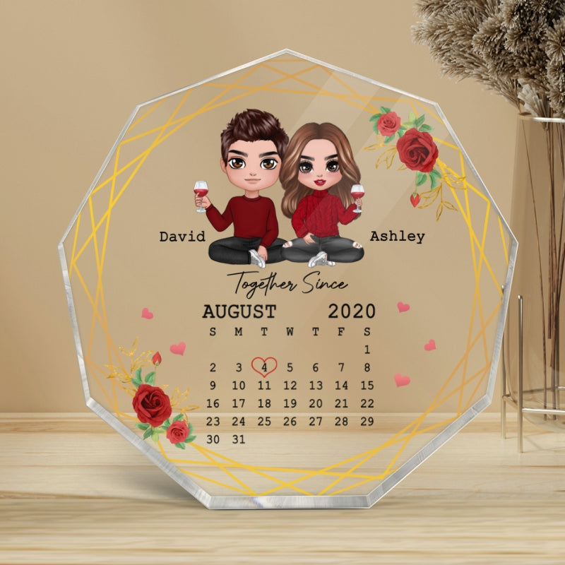 Flower Frame Doll Couple Sitting Calendar Personalized Nonagon Acrylic Plaque - Gift For Him Gift For Her