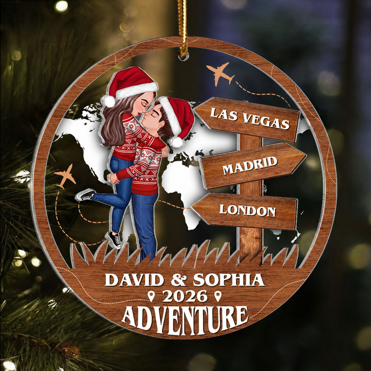 Adventure Kissing Couple Personalized 2-Layer Acrylic Ornament, Christmas Gift For Couple, Gift For Travelers