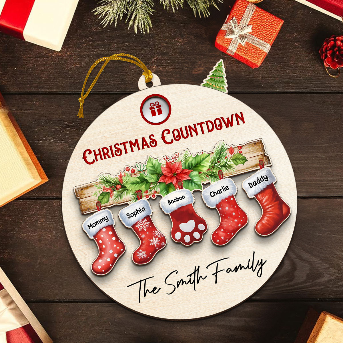 Family With Pet Christmas Socks Countdown Ornament, Personalized Family Countdown Ornament
