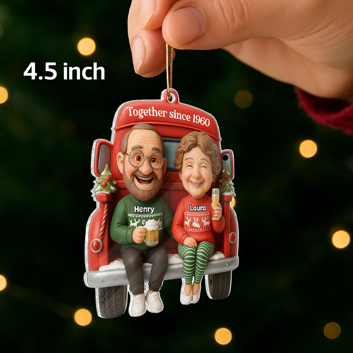Old Couple Sitting on Christmas Truck - Personalized Acrylic Ornament - Christmas Gift for him, Gift for her