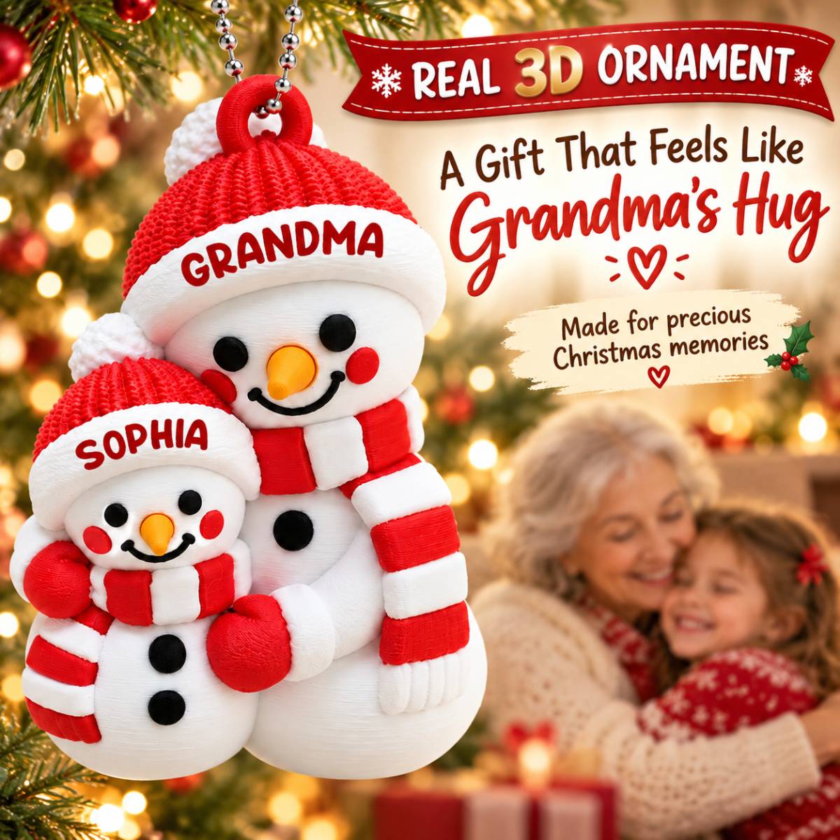 Heartwarming Grandma Hugging Grandkid Snowman - Personalized 3D Printed Ornament - Christmas Gift For Kids, Son, Grandson, Daughter, Granddaughter