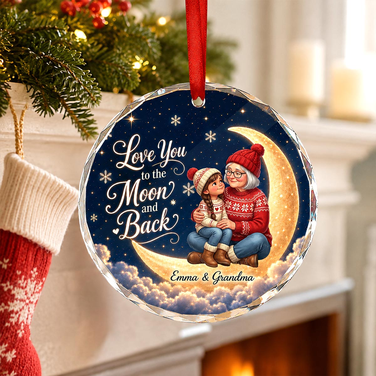 Love You To The Moon And Back Grandma Grandkid Portrait From Your Photo - Personalized Glass Ornament - Christmas Gift For Grandchildren