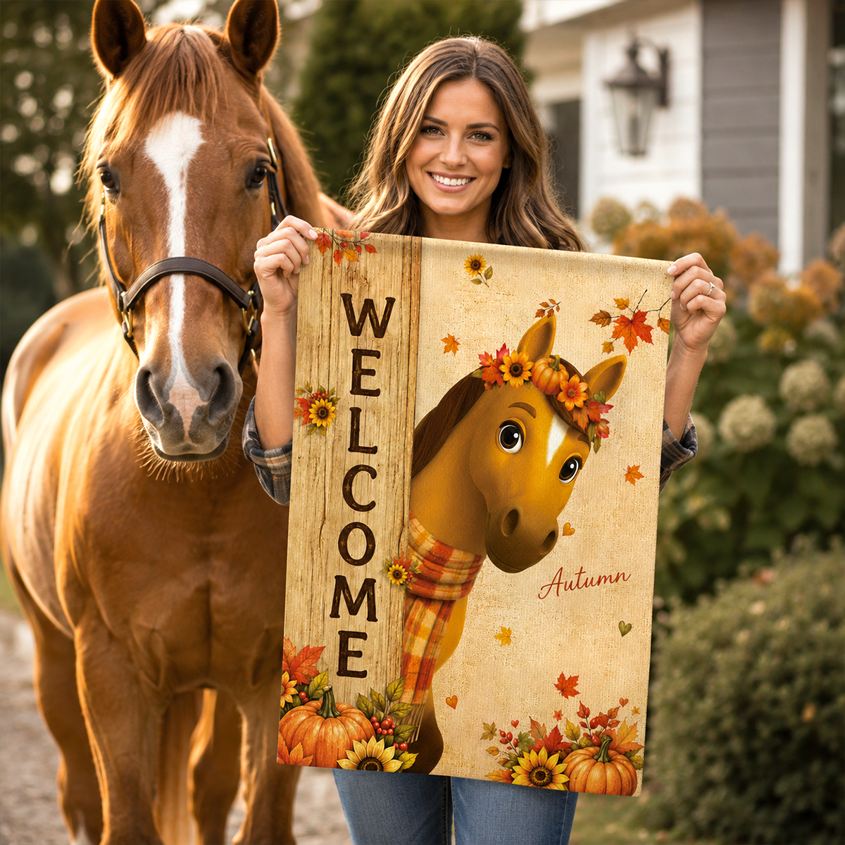 Cozy Fall Horses Welcome - Personalized Garden Flag - Fall Season Decoration