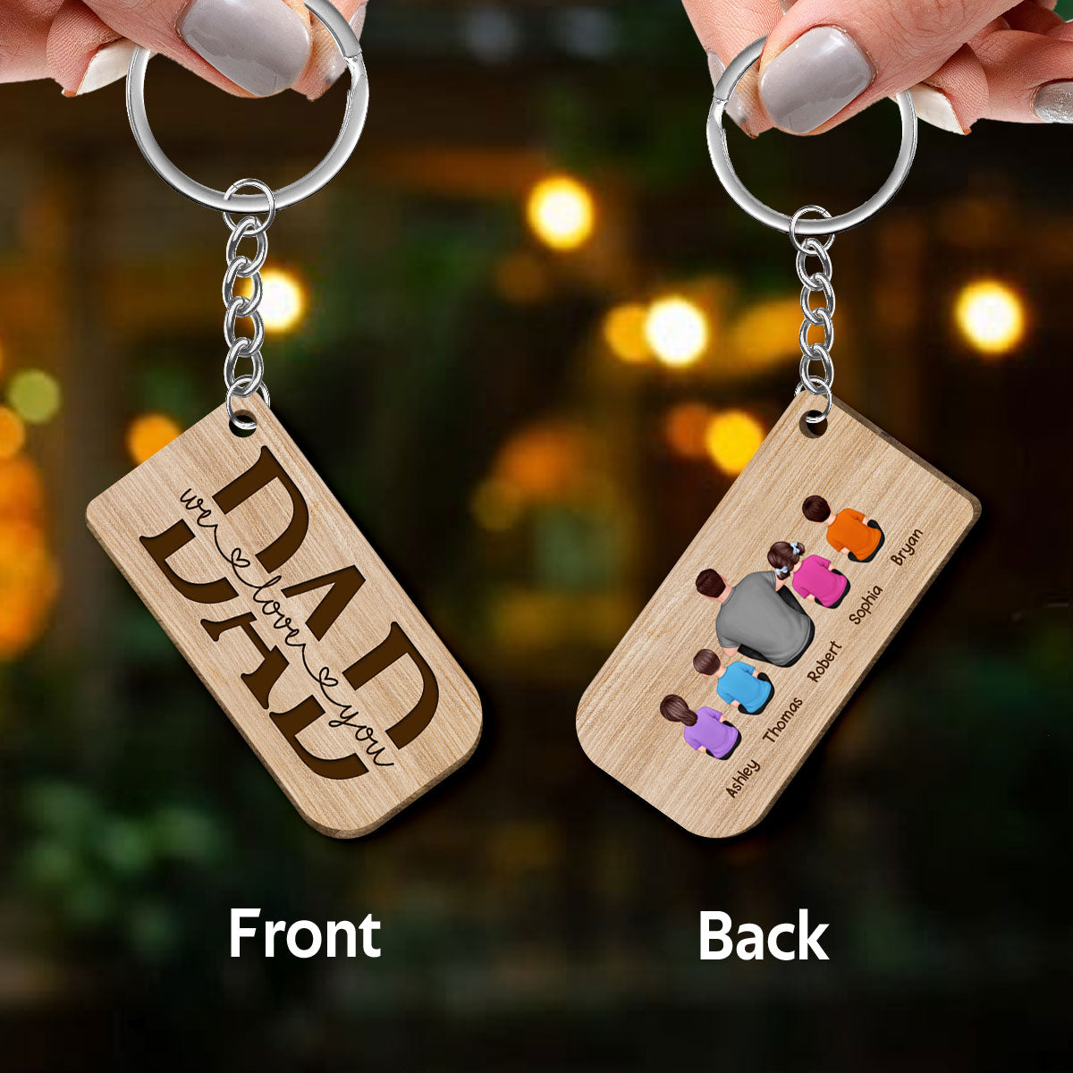 Tool-rific Dad Back View Sitting Man Kids Dog Cat Personalized Wooden Keychain