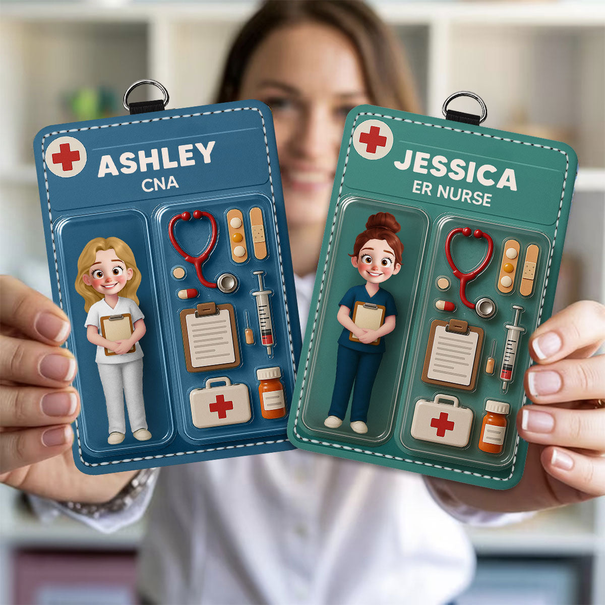 3D Effect Nurse Job Title Figure Style Personalized ID Badge Holder, Gift For Nurse CNA CMA