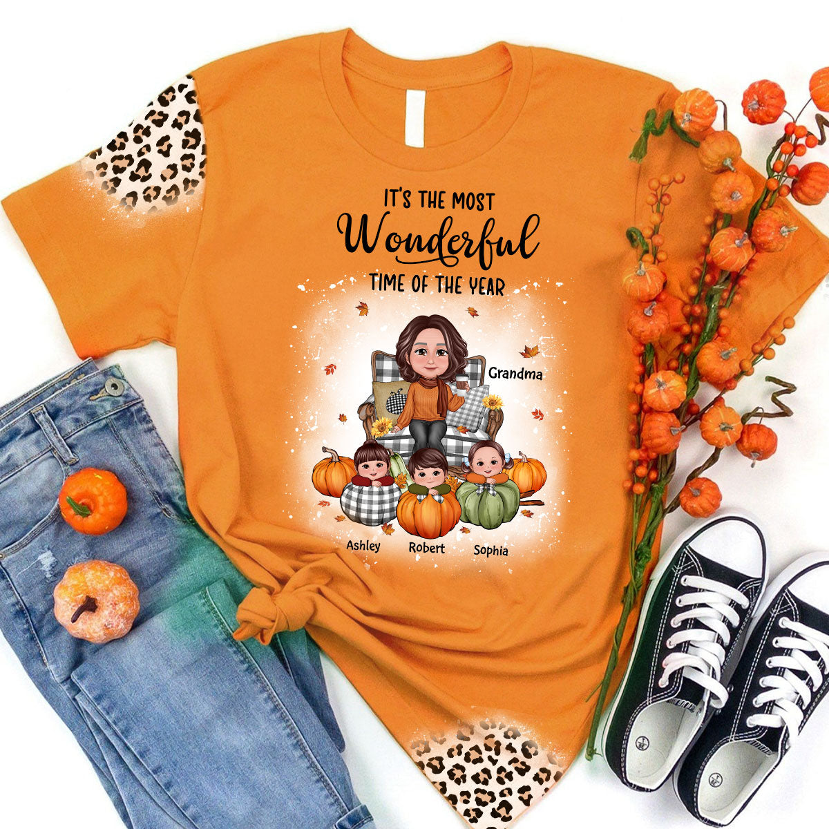 Grandma & Grandkids On Pumpkins Fall Season Theme With Leopard Pattern Personalized Shirt
