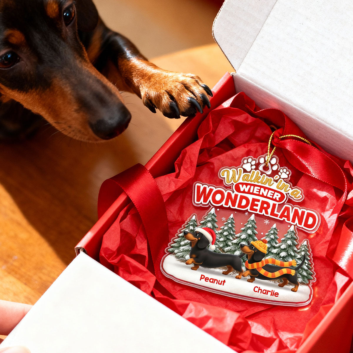 3D Effect Dachshunds Walking In A Wiener Wonderland - Personalized Acrylic ornament