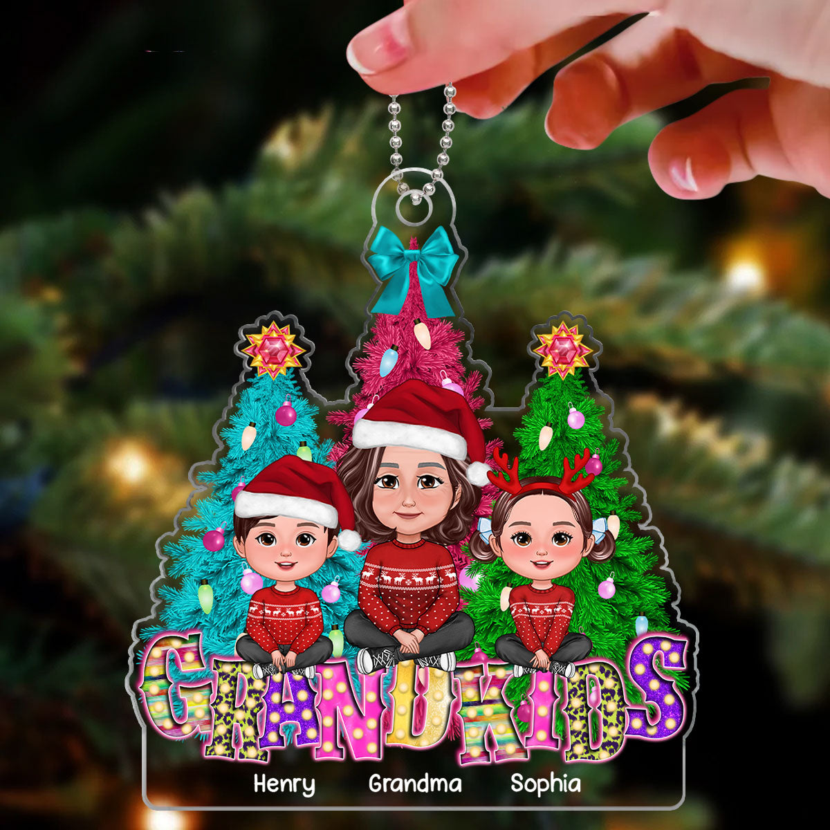 Grandma Grandkids Sitting Christmas Tree Marquee LED Personalized Acrylic Ornament