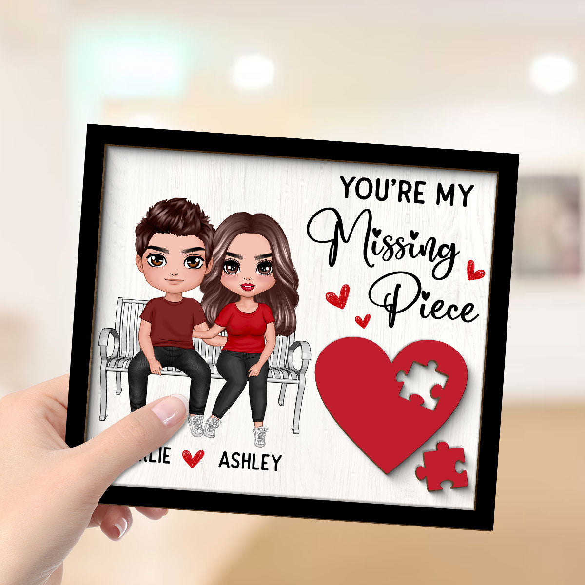 Couple Sitting On Bench Red Heart Valentine‘s Day Gift For Her Gift For Him Personalized 2-Layer Wooden Plaque