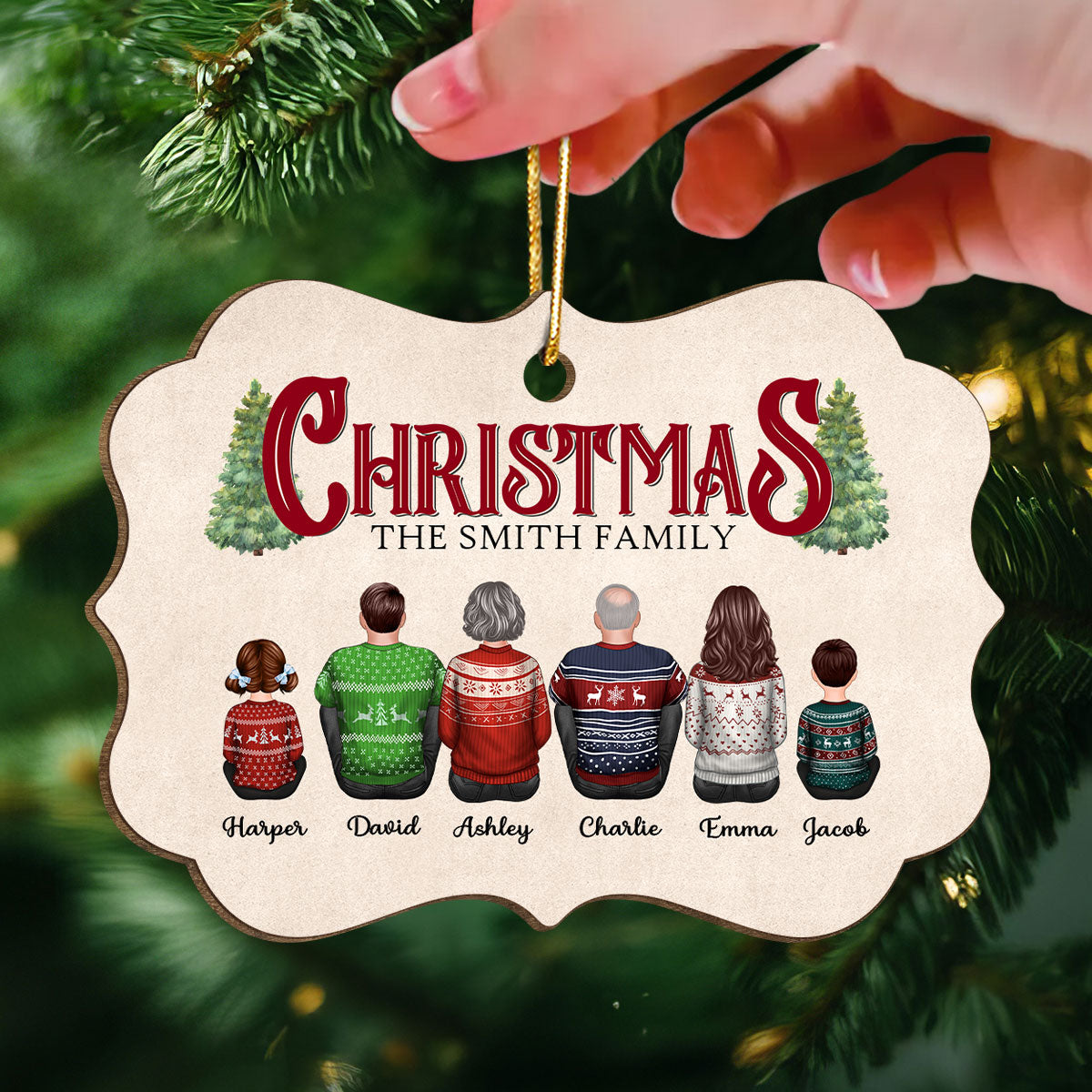 Rustic Family Sitting Together Personalized Wooden Ornament, Christmas Decor, Gift For Families