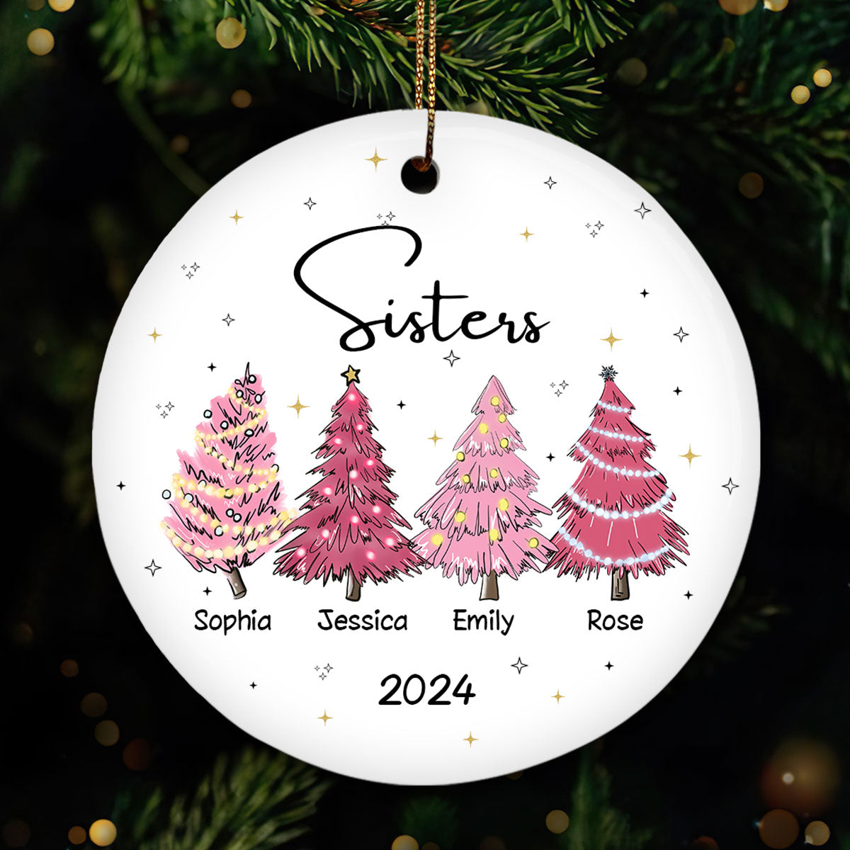 Sisters Besties Pink Christmas Tree Personalized Ceramic Ornament