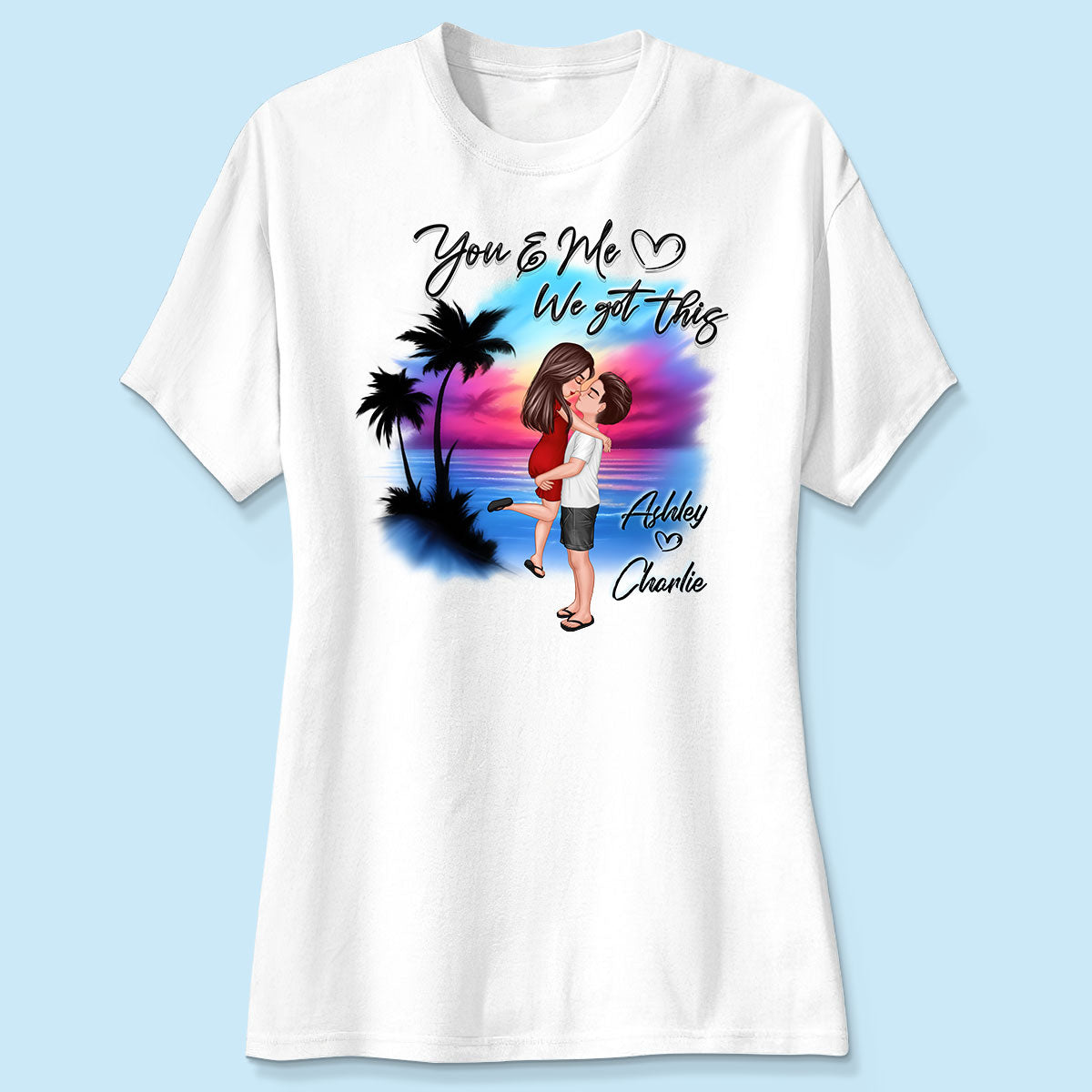 Couple Hugging Kissing Airbrushed Beach Scene Personalized Shirt