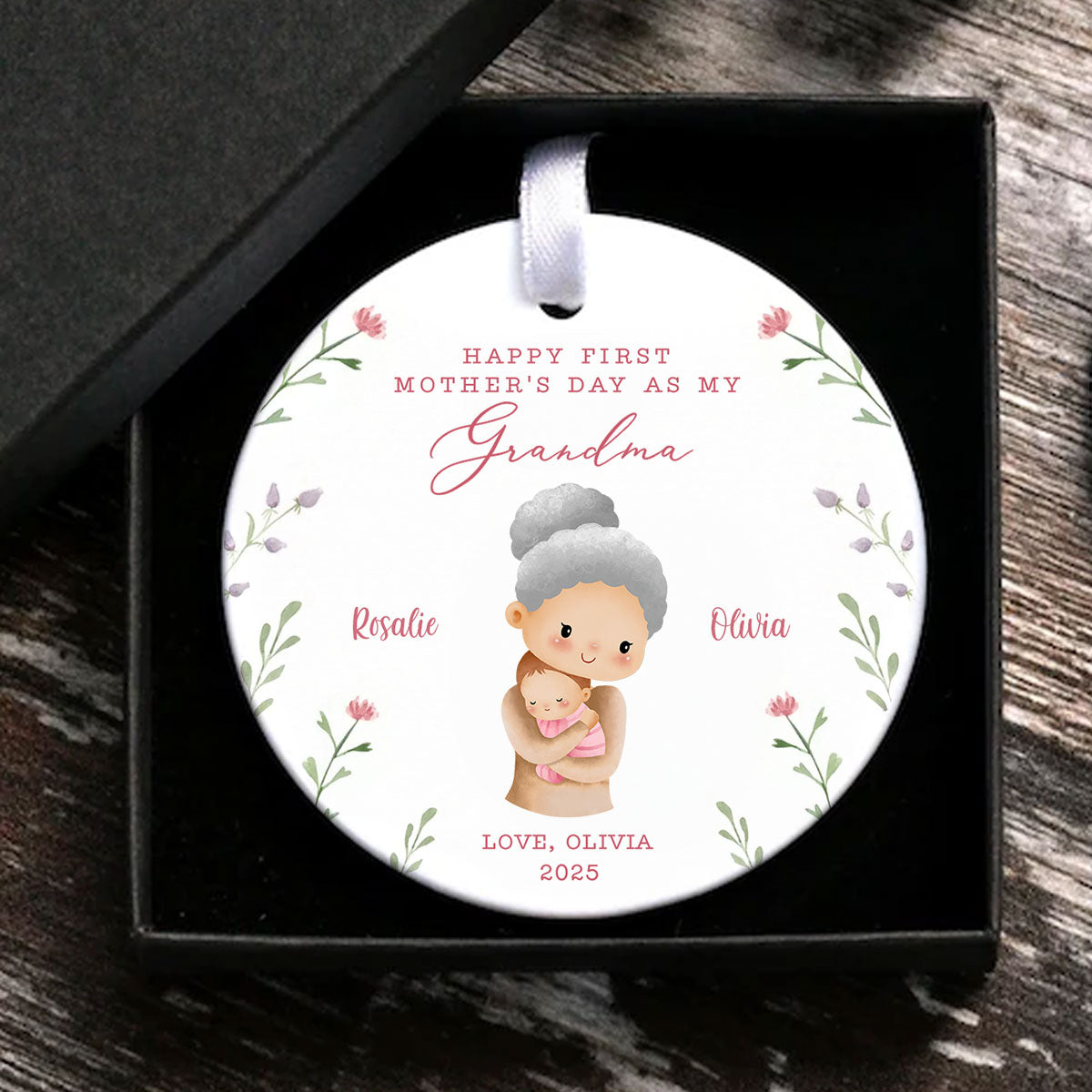 Watercolor Cute Mom Grandma Baby Happy First Mother's Day Personalized Circle Ceramic Ornament