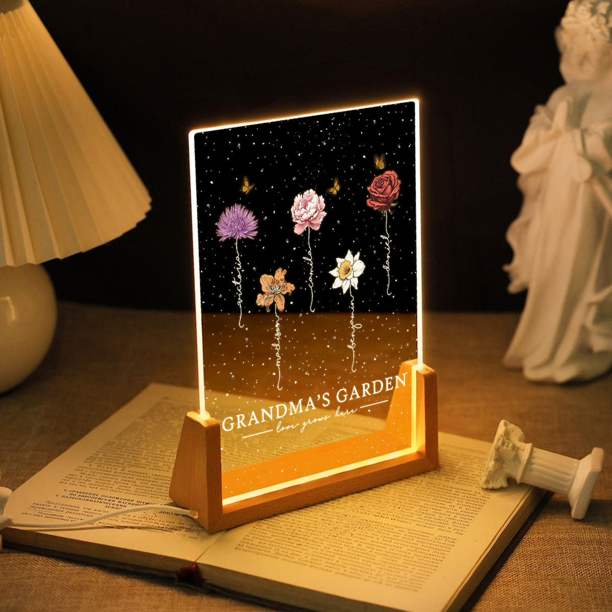Grandma's Garden Love Grows Here Birthmonth Flowers Personalized U-Base Acrylic LED Night Light, Grandkids Names Floral Gift