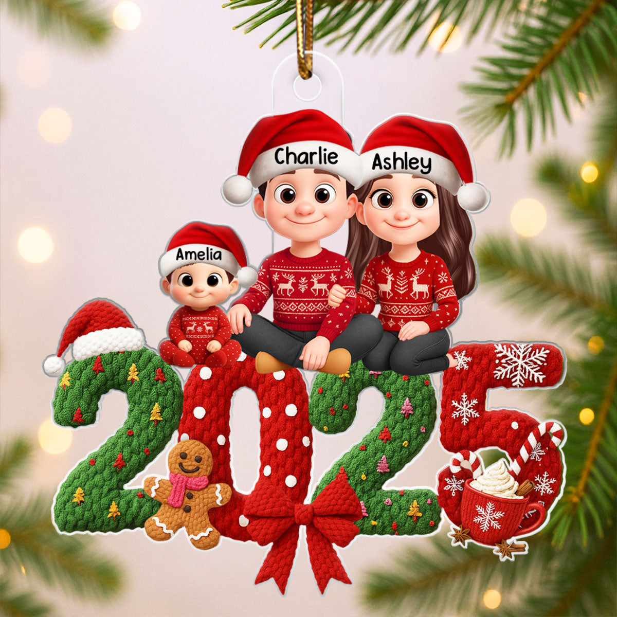 Family Sitting 2025 Latch Hook Yarn Faux - Personalized Acrylic Ornament - Christmas Gift for Family