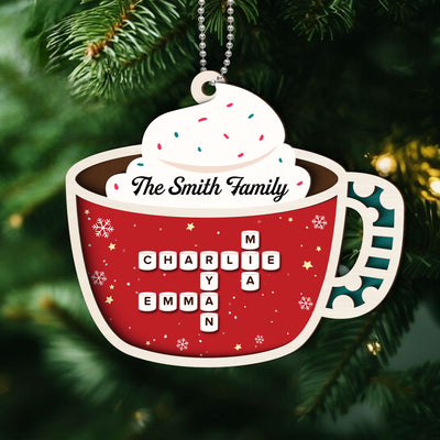 Family Marshmallow In Hot Cocoa Crossword 2-Layered Wooden Ornament, Personalized Christmas Ornament, Unique Decoration For Family