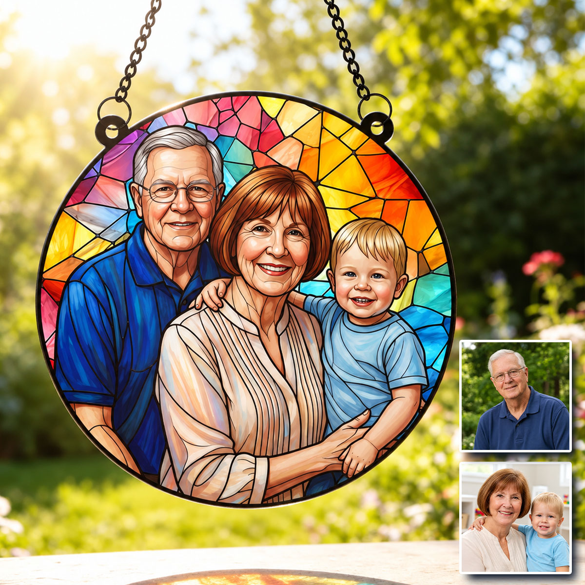 Stained Glass Family Portrait - Personalized Acrylic Window Hanger – Add Deceased Loved One to Photo, Custom Memorial Gift