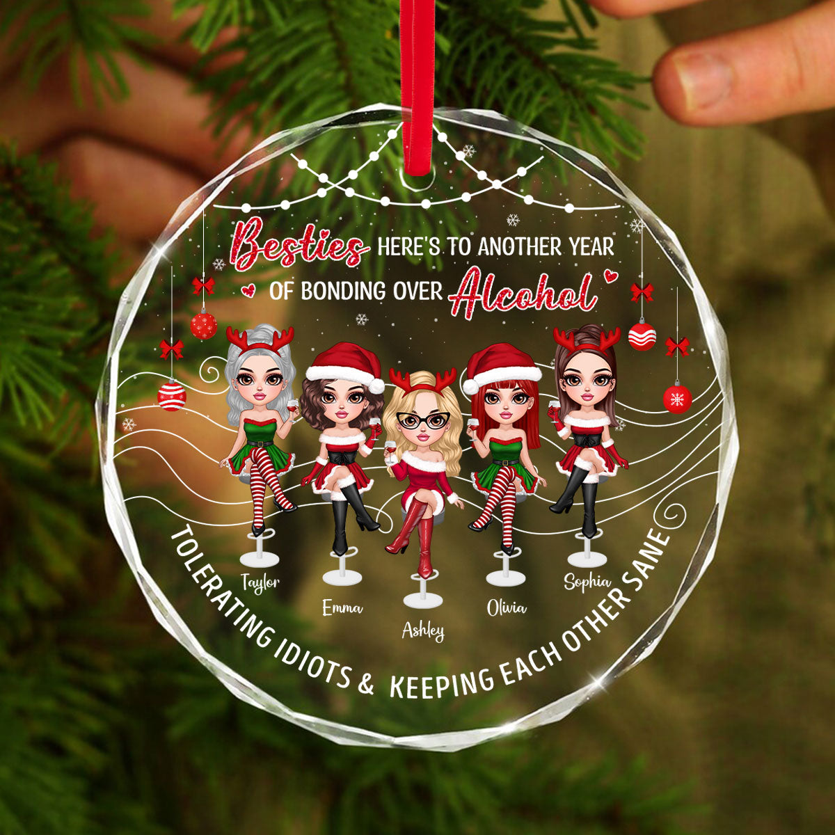 Besties Here's To Another Year Of Bonding Over Alcohol Personalized Glass Ornament, Funny Christmas Gift For Best Friends