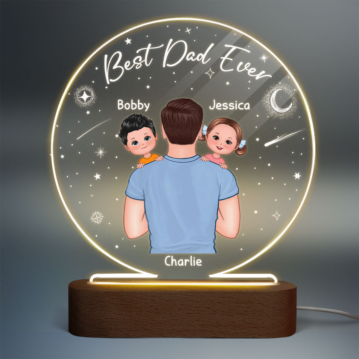 Dad Carrying Kids On Shoulder Personalized Circle LED Night Light