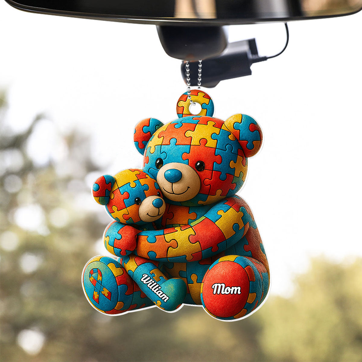 Autism Bear Mom & Kid Autism Awareness Personalized Car Hanger Ornament
