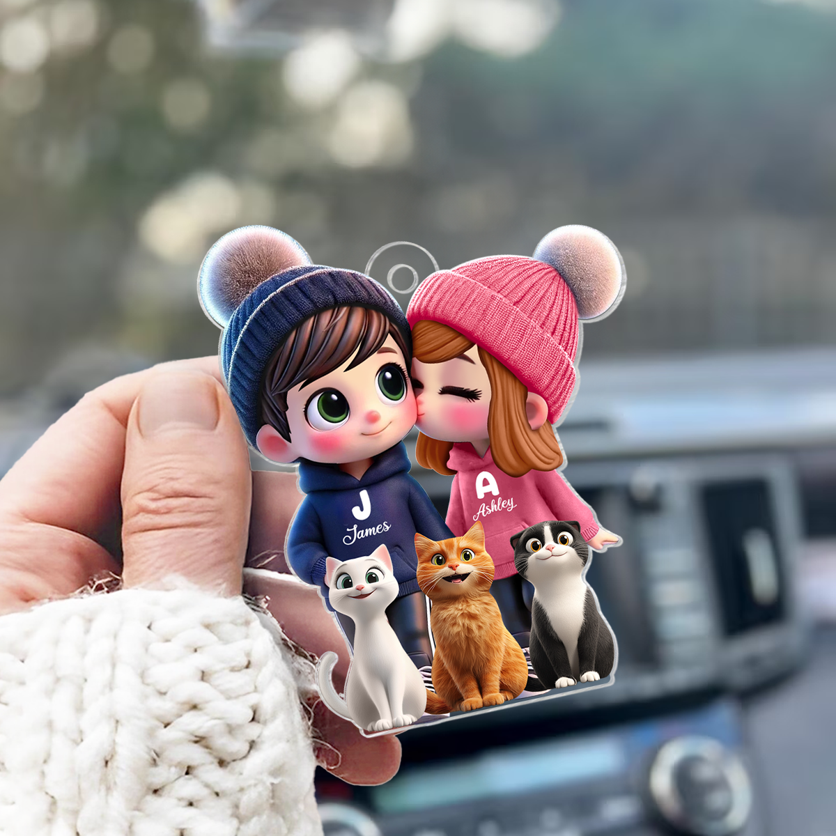 3D Effect Cute Cartoon Couple And Cats Personalized Car Ornament, Perfect Gift for him, Gift for her