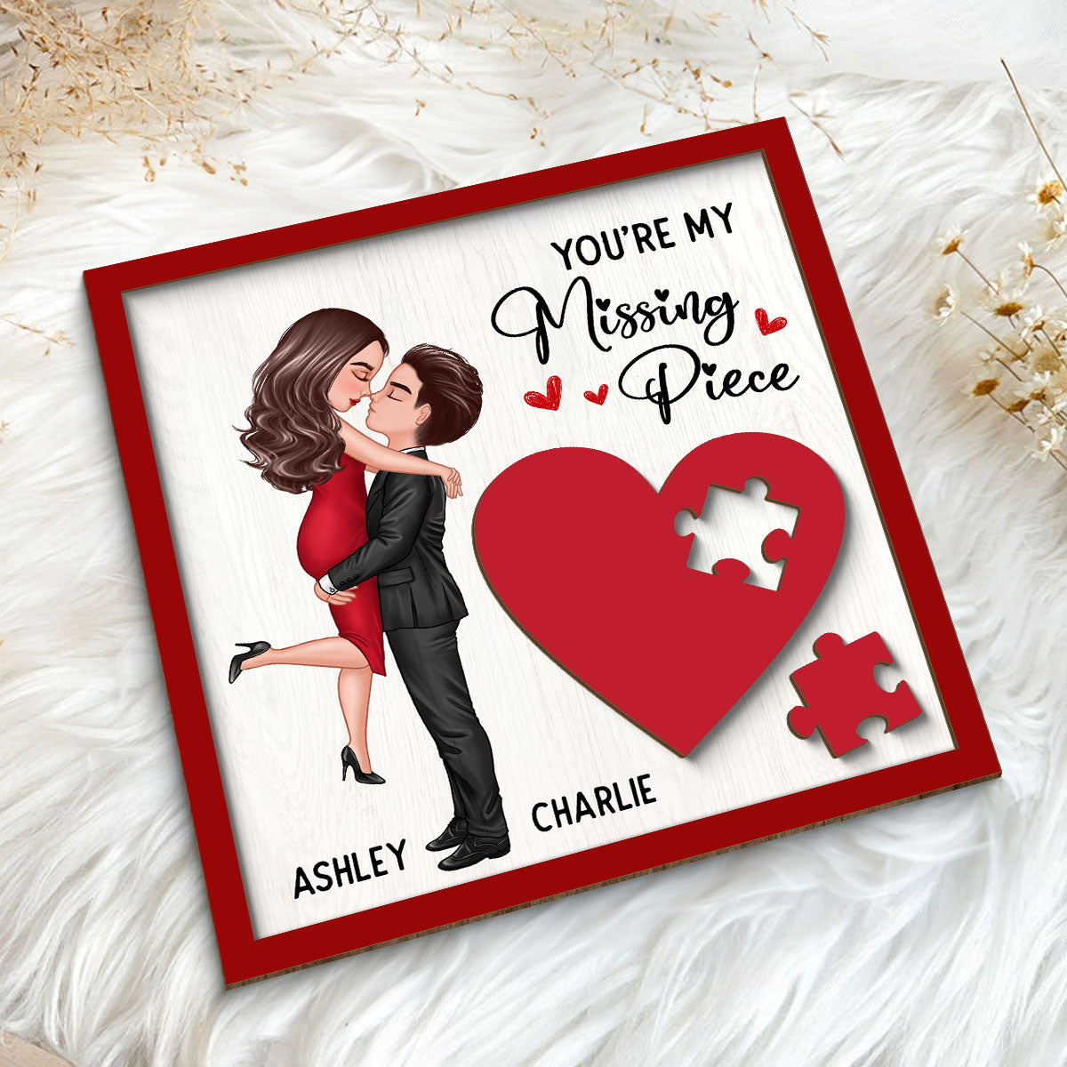 Couple Missing Piece Red Heart Theme Valentine‘s Day Gift Personalized 2-layer Wooden Plaque