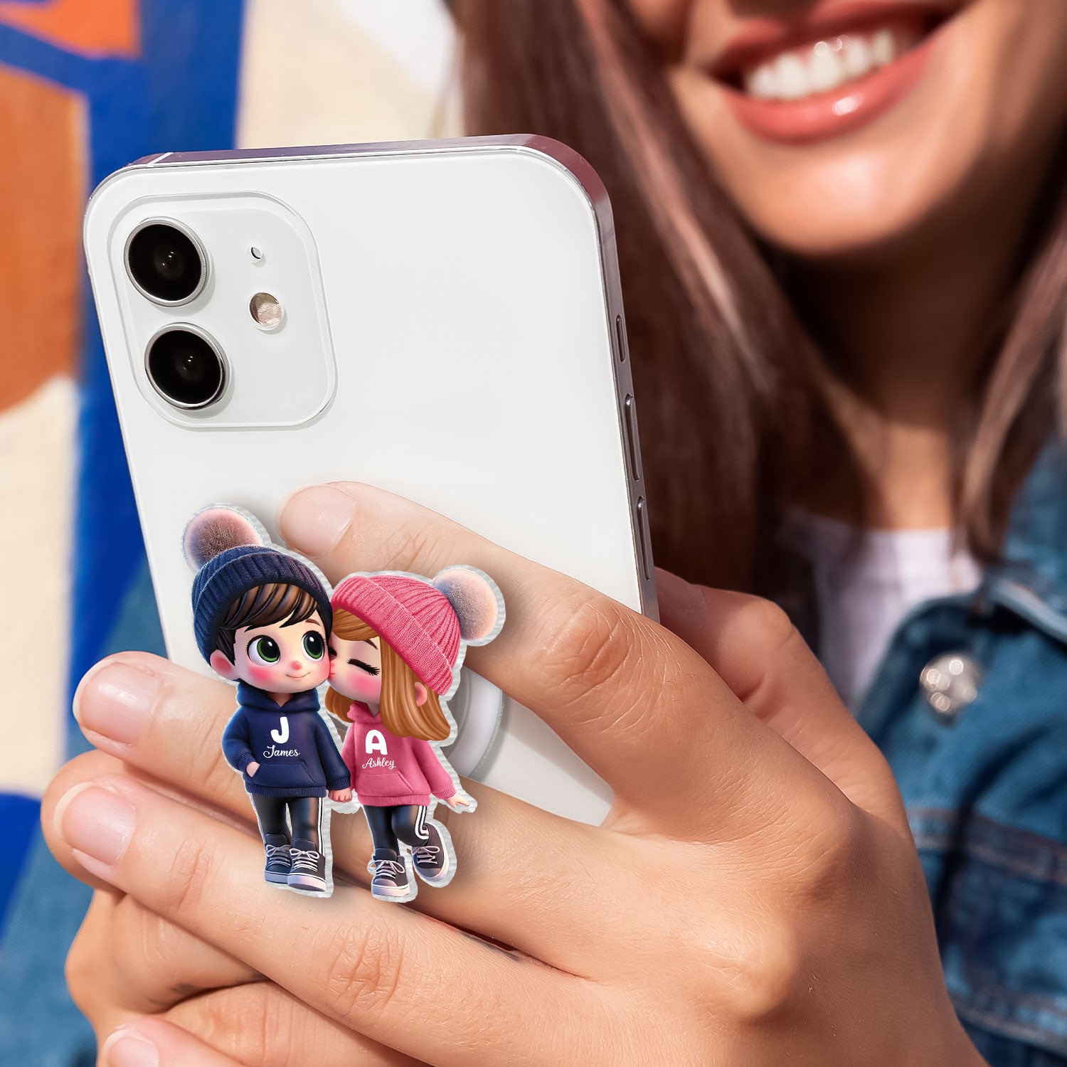 3D Effect Cute Cartoon Couple Walking - Personalized Acrylic Magnetic Phone Grip - Matching Phone Grips for Couples