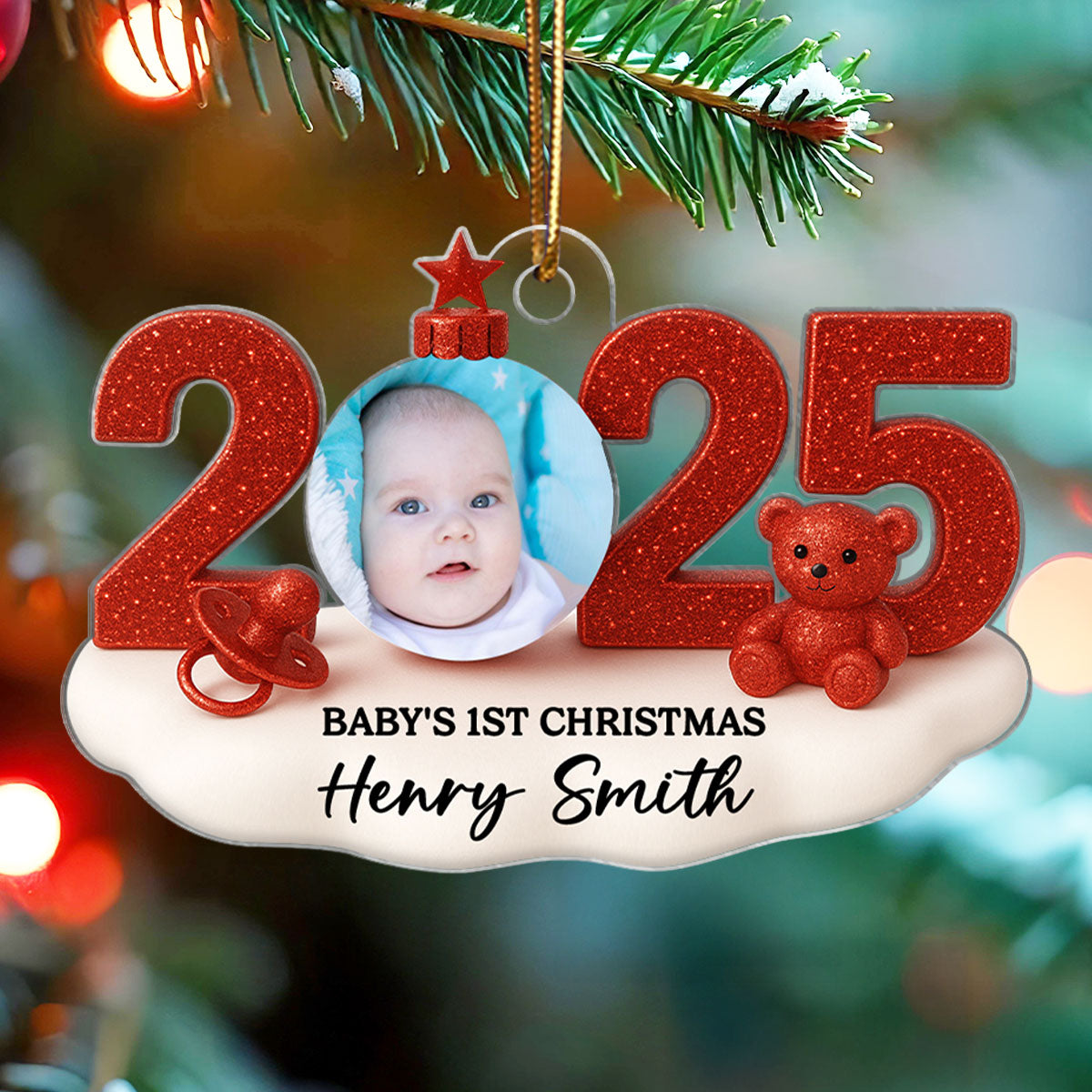 Baby Photo 2025 First Christmas 3D Glitter Effect - Personalized Acrylic Ornament - Christmas Gift for New Parent, Newborn Keepsake