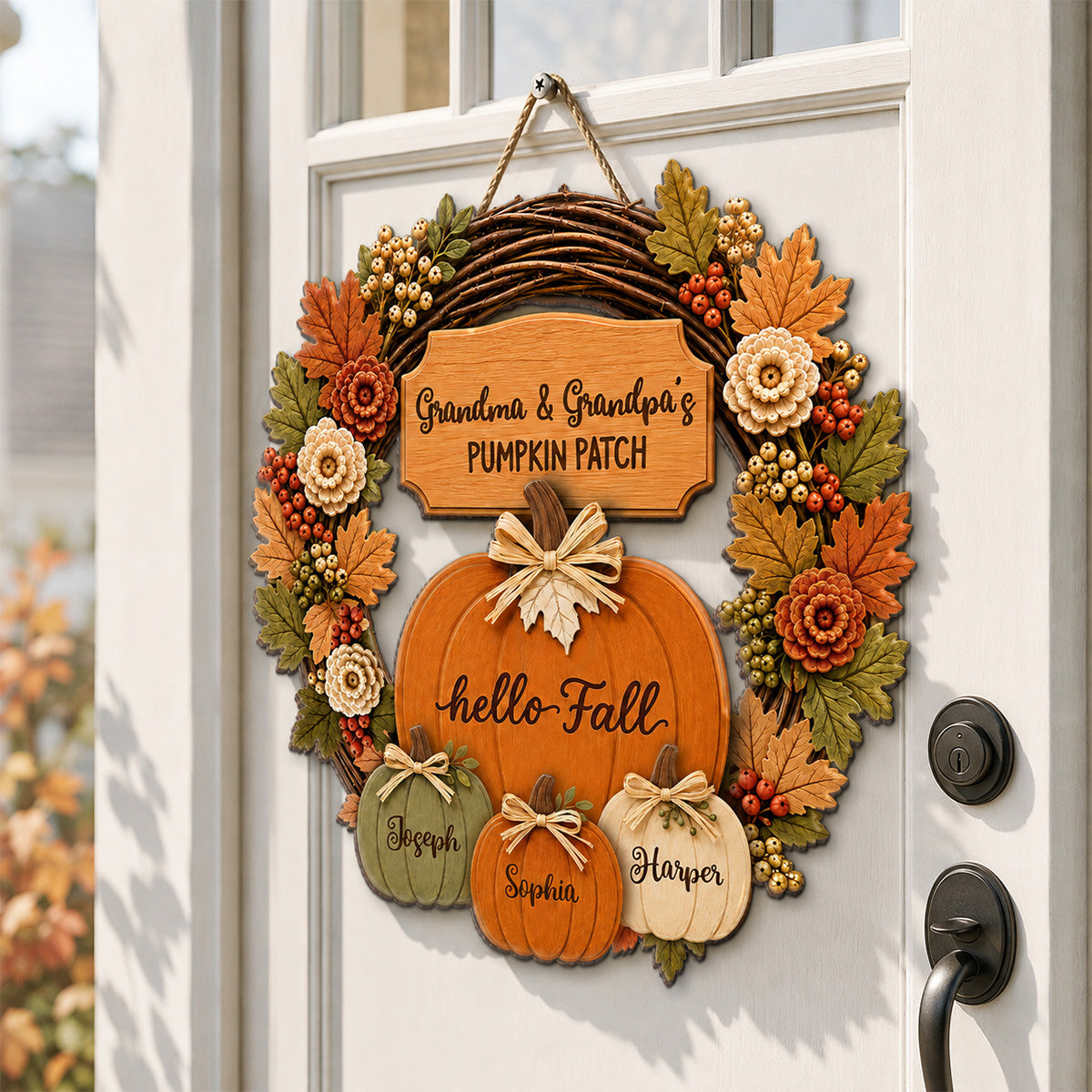 Grandma Grandpa's Pumpkin Patch Wreath Style 2D Flat Printed - Personalized Door Hanger - Fall Season Decor For Grandparents