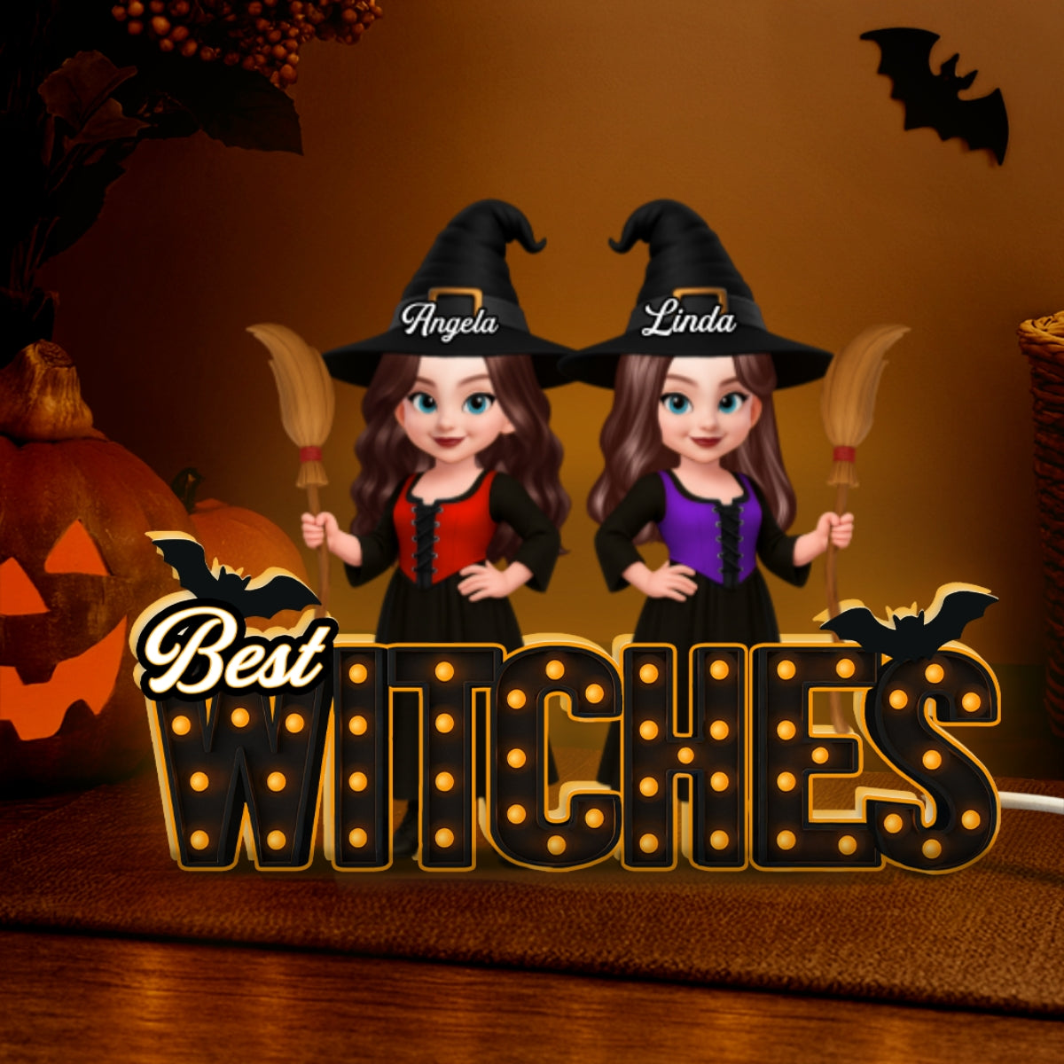 Halloween Best Witches Besties Marquee Pattern Letters Personalized Light Box
