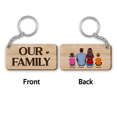 Our Family Sitting Back View Personalized Wooden Keychain