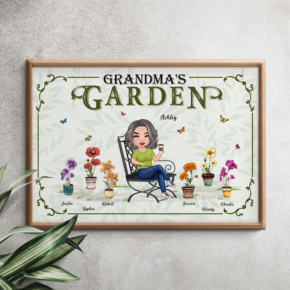 Grandma's Garden Woman Sitting Birth Month Flowers Pot Personalized Poster