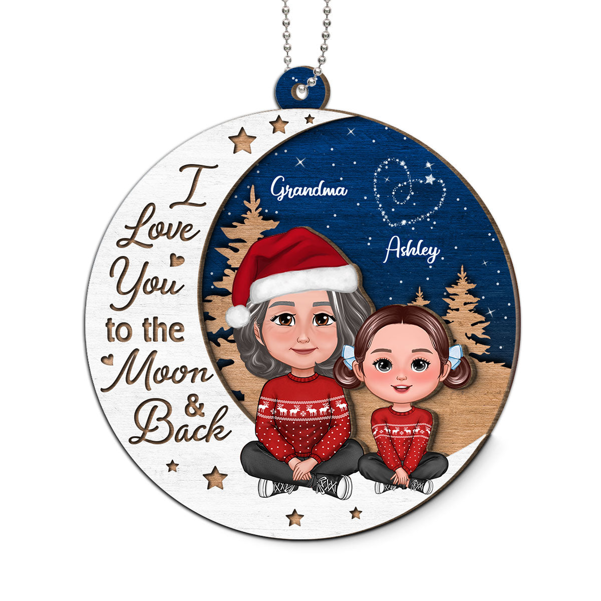 Grandma Grandkid Love You To Moon And Back Christmas Personalized 2-Layer Wooden Ornament